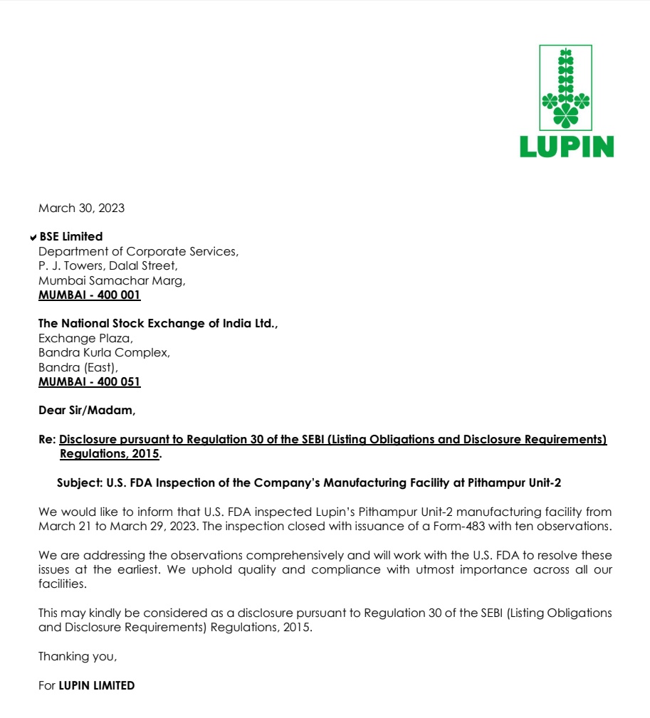 MarketVedantA's tweet image. US FDA issues #Form483 with 10 observations for Lupin’s #Pithampur unit-2 mfg facility. 

&amp;gt; #USFDA inspected co’s Pithampur unit-2 mfg facility from March 21-29, 2023

&amp;gt; Addressing the #observations &amp;amp; will work with the US FDA to resolve these issues at the earliest, #Lupin says