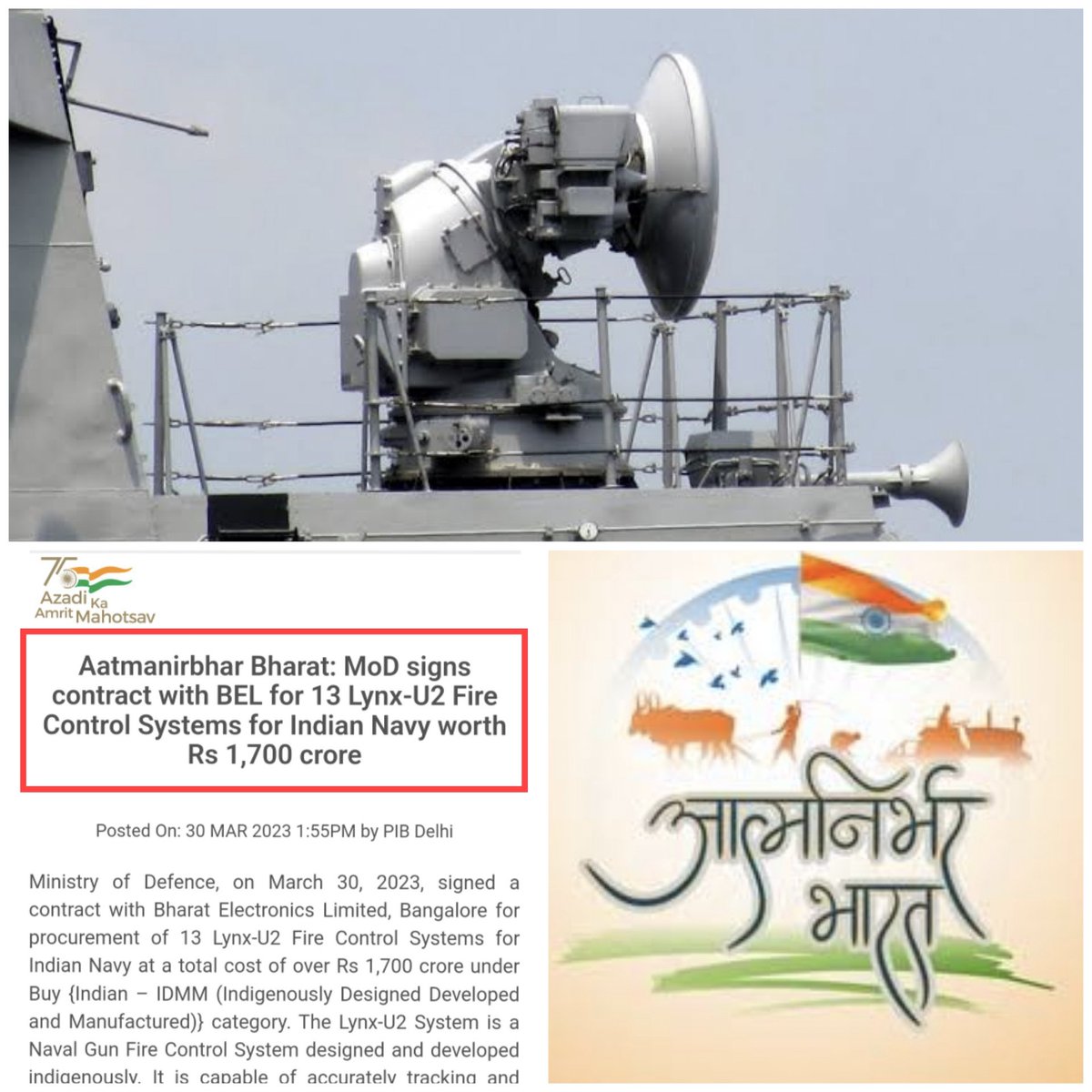 Rahulk123d's tweet photo. #BIG | Another step to boost #AatmaNirbharBharat: MoD signs contract with #BEL for 13 Lynx-U2 Fire Control Systems for Indian Navy worth ₹1700Cr.
- The procurement will be under Buy Indian – #IDMM (Indigenously Designed Developed and Manufactured) category.🇮🇳🚩
- The Lynx-U2 System is a #Naval #GunFire Control System designed & developed indigenously.
- It is capable of accurately tracking & engaging targets amidst sea clutter as well as air/surface targets.
- This will be installed on New Generation Offshore Patrol Vessels to be built indigenously at GFS & Engineers & GSL.
- This will generate 2 Lakh employment an over a period of 4 yrs & encourage active participation of various Indian industries.
#AtmanirbharBharat in #Defence #IndianNavy #NewIndia #Modiji