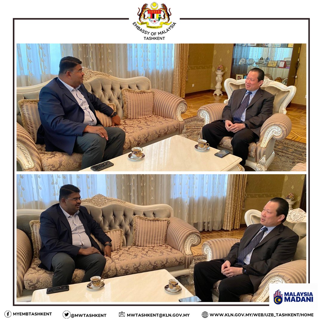 MYEmbTashkent's tweet photo. 28 March 2023 | H.E. Ambassador Hendy Assan received a courtesy call by Mr. Veejayaasegaran, CEO of QStudy Sdn. Bhd., Malaysia. 

QStudy is organising an International Study Abroad Education Expo 2023 in Tashkent, Samarkand and Andijan. 

#studyInMalaysia #MalaysiaUzbekistan https://t.co/KljhWcoh3w