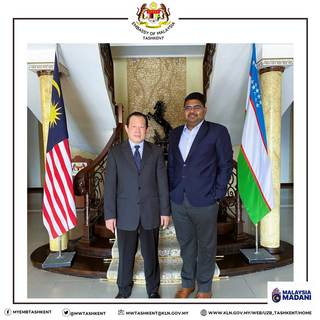 MYEmbTashkent's tweet photo. 28 March 2023 | H.E. Ambassador Hendy Assan received a courtesy call by Mr. Veejayaasegaran, CEO of QStudy Sdn. Bhd., Malaysia. 

QStudy is organising an International Study Abroad Education Expo 2023 in Tashkent, Samarkand and Andijan. 

#studyInMalaysia #MalaysiaUzbekistan https://t.co/KljhWcoh3w