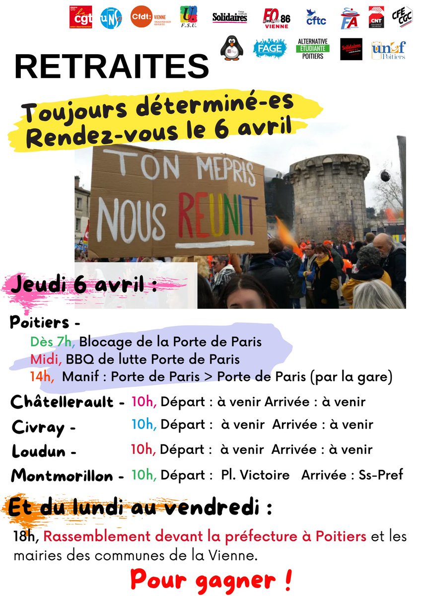 Fsu086's tweet photo. Retraite, toujours déterminé-es ! Les premières infos en vue de la journée de grève et de manifestation du 6 avril prochain !
#ReformeDesRetraites https://t.co/8AkBEhTm0j