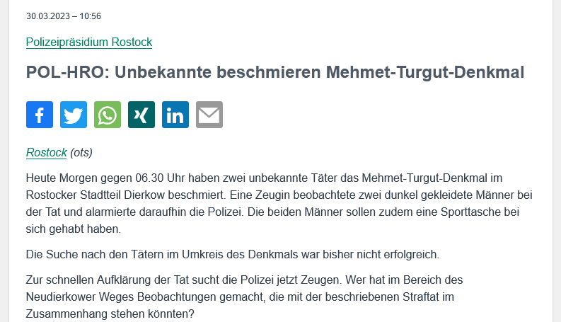 bildwerkrostock's tweet photo. Laut Polizei wurde heute Morgen das Mehmet Turgut Denkmal in Rostock beschmiert.
Noch keine Aussagen zum Inhalt.
@SLichtermann, @lobbimv, @HRONazifrei, @lottaulrich1 https://t.co/3EM3CZMY9A