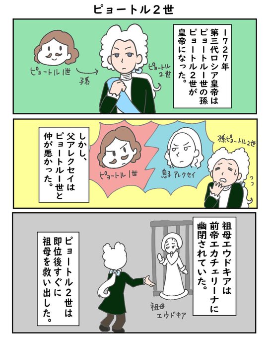 ロシア皇帝紹介マンガ。 今日からピョートル2世です。 ピョートル2世は即.. 55番 さんのマンガ ツイコミ(仮)