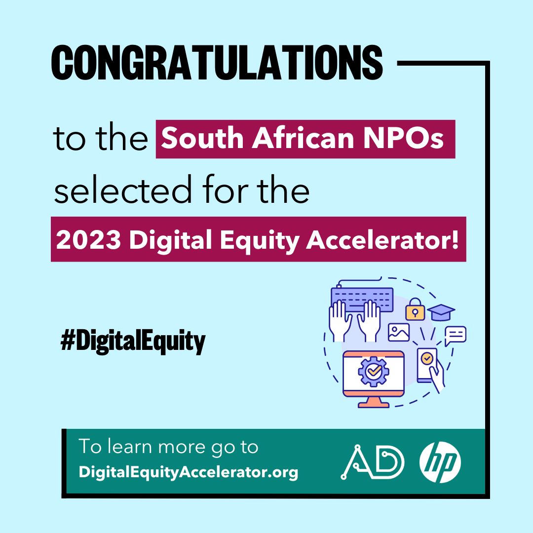 Congratulations to 3 South African NPOs for their selection in the 2023 Digital Equity Accelerator. We
applaud your commitment to #DigitalInclusion and your work with #Youth #Education and
#GenderEquality. @DigifyAfrica, E-Cubed (DBE-E3), and @Siyafunda_ctc.