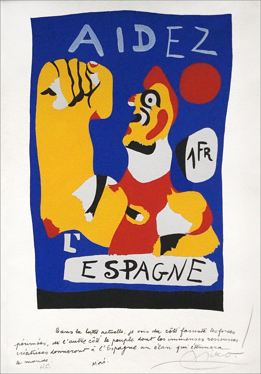 Civil_War_Spain's tweet photo. Joan Miró Aidez L'Espagne, 1937. Intended as stamp for funds for Spanish Republican Govt but never issued. Instead sold as a stencil print at Spanish Pavilion ,Paris World Fair. Catalan peasant, barretina hat, clenched fist, possibly with Popeye influence?, then proletarian hero https://t.co/la7Iev72lp
