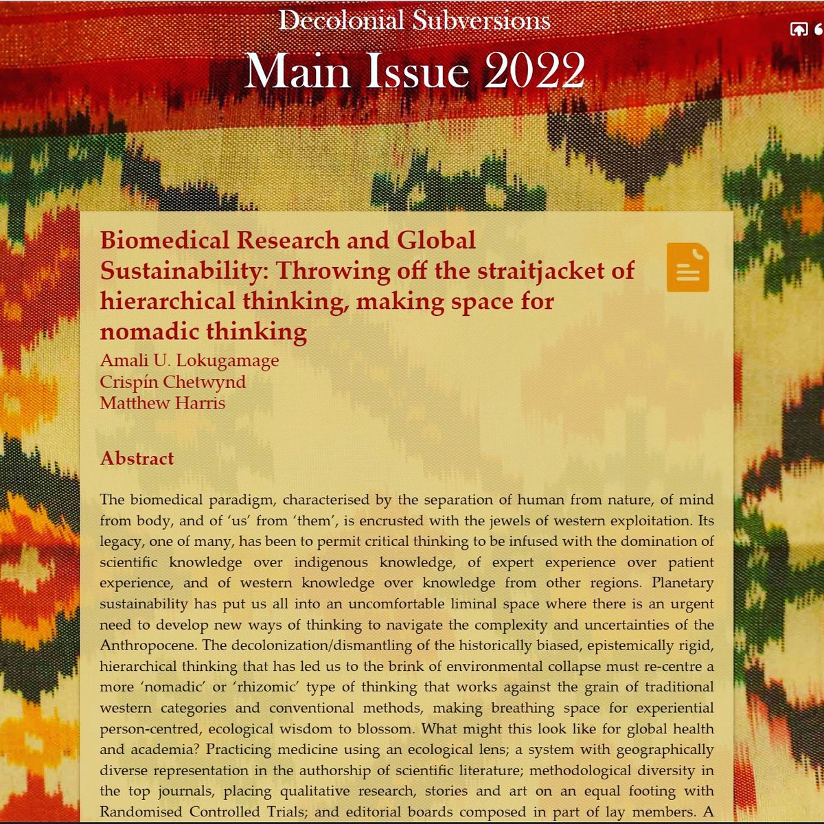DocAmali's tweet image. &apos;Biomedical Research and Global Sustainability: Throwing off the straitjacket of hierarchical thinking, making space for nomadic thinking&apos; Ways of thinking to tackle #Health &amp;amp; #climatechange #anthropocene @_decolonise open access.
decolonialsubversions.org/main_issue_202…