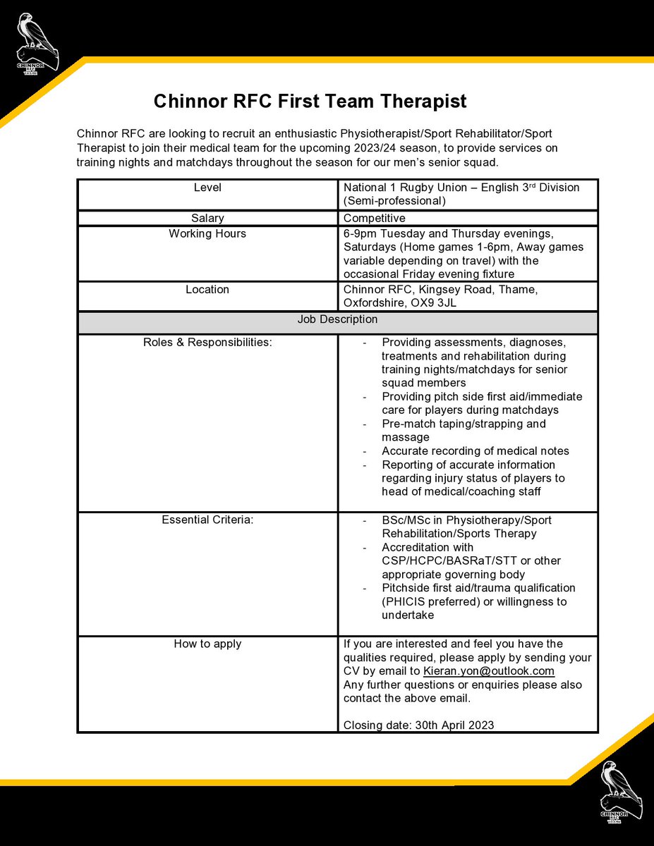 Chinnor RFC are looking to recruit a new therapist for the upcoming 2023/2024 season.

Please contact the email below for more information and feel free to share with anyone you think might be interested.