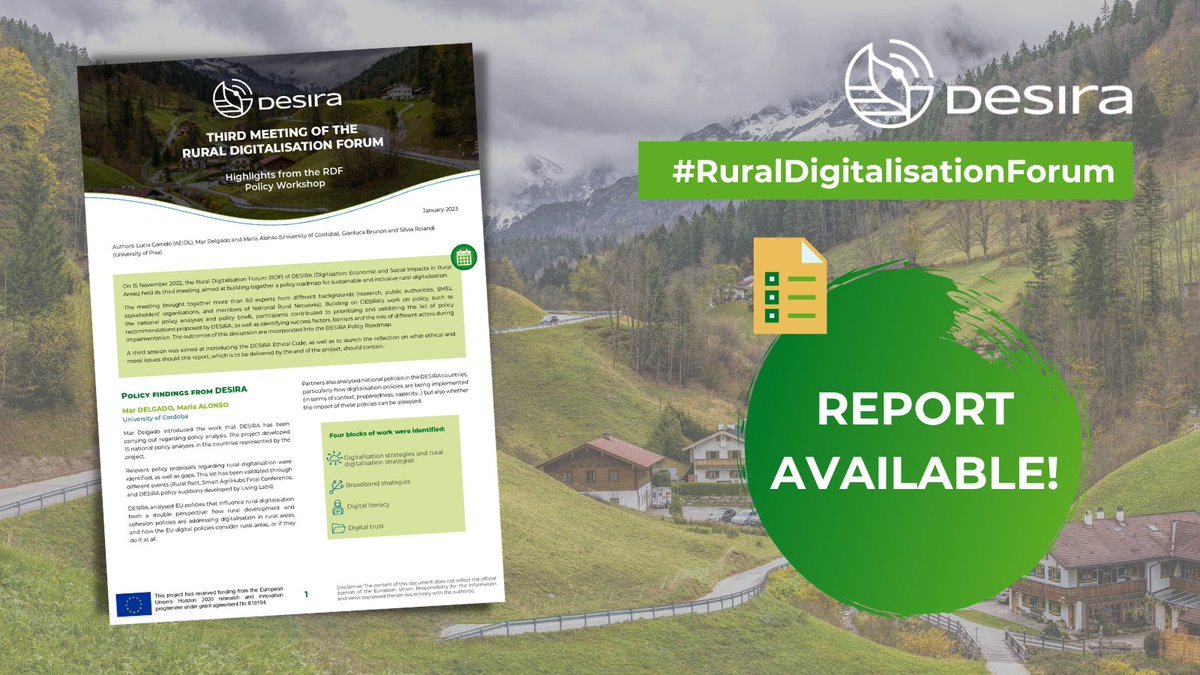 DesiraH2020's tweet photo. 🤔💡 How to build a sustainable & inclusive digital rural future?
On 15 November 2022, the #RuralDigitalisationForum met & participants contributed to identifying success factors & barriers based on #DESIRA policy recommendations.
Read the full report 👉 https://t.co/SIWaSlsLbP https://t.co/tCEn2IOHm2