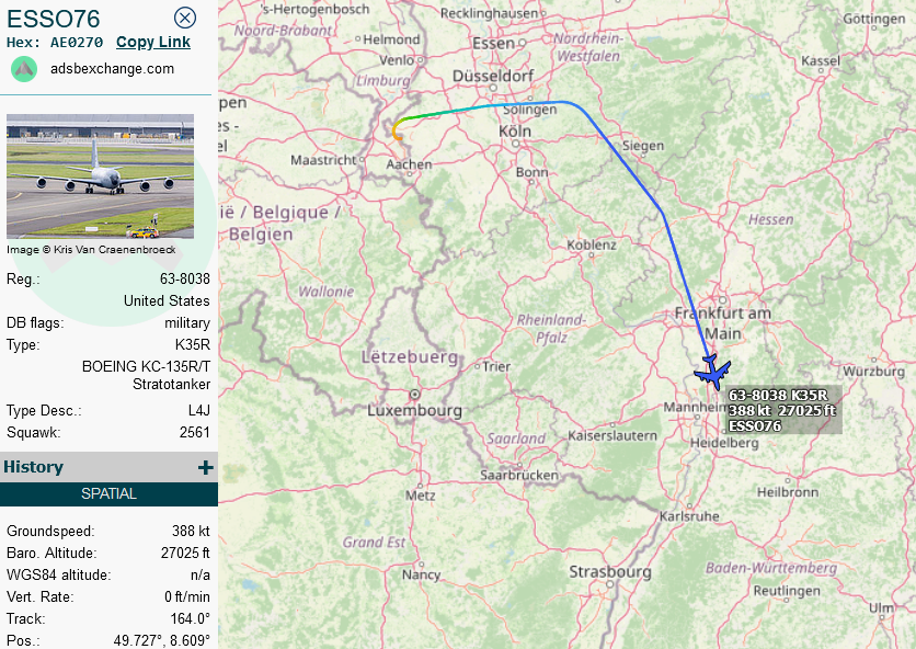 SirListenalot's tweet photo. #KC135 #AE0270 as #ESSO76 out of Geilenkirchen for AR in the block FL260-280 in the #Gretchen pattern. https://t.co/Z9BMnJcRgH