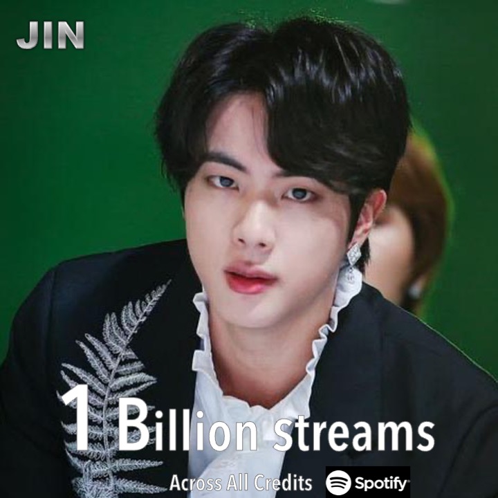 #JIN has surpassed 1 Billion streams on Spotify, across all credits!💪💥1⃣🅱️🎧❤️‍🔥👑💜
#JinSpotify1B 
Kim Seokjin
1 BILLION STREAMS FOR JIN