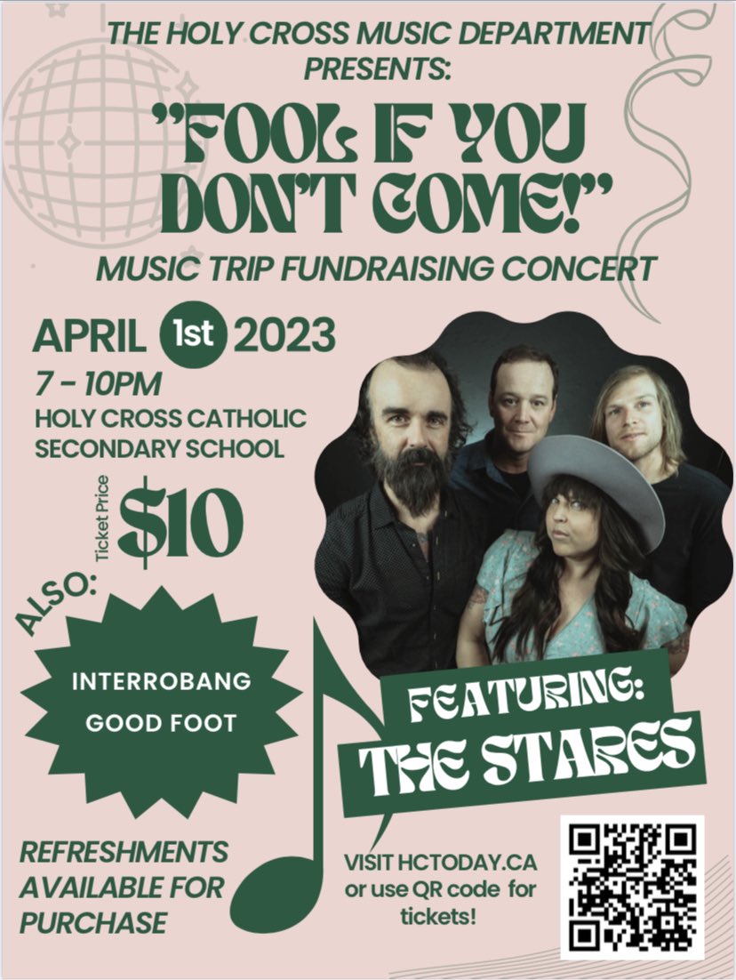hcarts_'s tweet photo. 🎶Don’t be a Fool! 😁Come to the April 1st concert @HolyCrossCSS featuring ⭐️ The Stares ⭐️ Good Foot ⭐️ Interrobang ⭐️ only $10! 7-10PM Come out and support the kids on their music trip to compete at Festival Disney! 🎶 🎟️ https://t.co/nUSYGPemjW https://t.co/qEXfB3WQLw