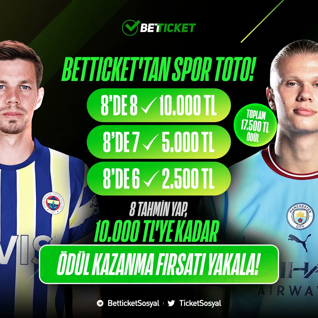 💸 TAM 17.500 TL ÖDÜL DAĞITIYORUZ! 💸

⚽️ Betticket'tan 𝐒𝐏𝐎𝐑 𝐓𝐎𝐓𝐎!

🟢 14. Hafta Katılımları aktif!

8’de 8 ✅ 10000 TL

8’de 7 ✅ 5000 TL

8’de 6 ✅ 2500 TL

🔄 RT'le, beğen, 3 kişiyi etiketle ve tahminlerini yap!

💸 Etkinliğe Katıl: buff.ly/3Zs7Y6I