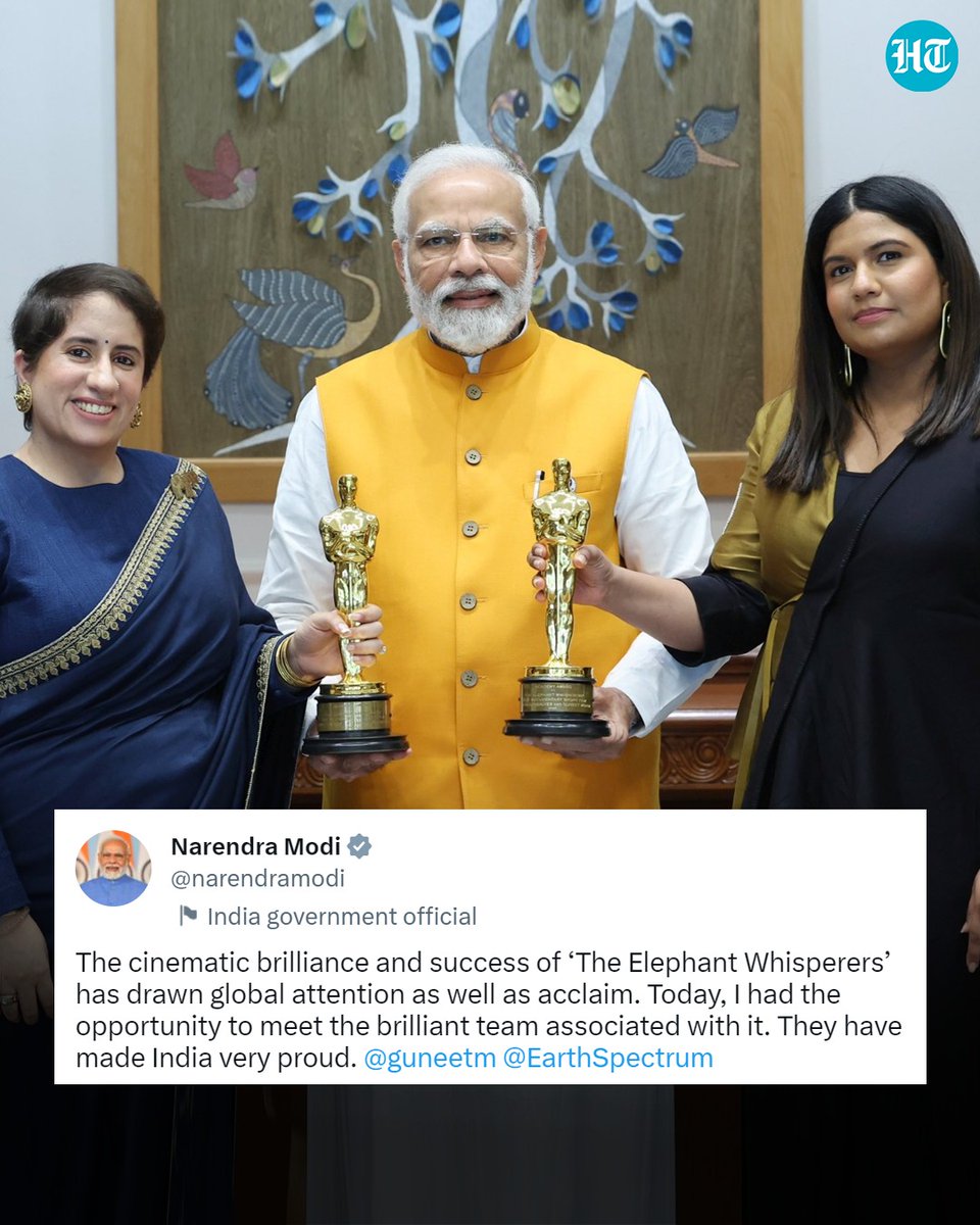 Prime Minister #NarendraModi meets producer #GuneetMonga and director #KartikiGonsalves who won #Oscars for 'The Elephant Whisperers'
