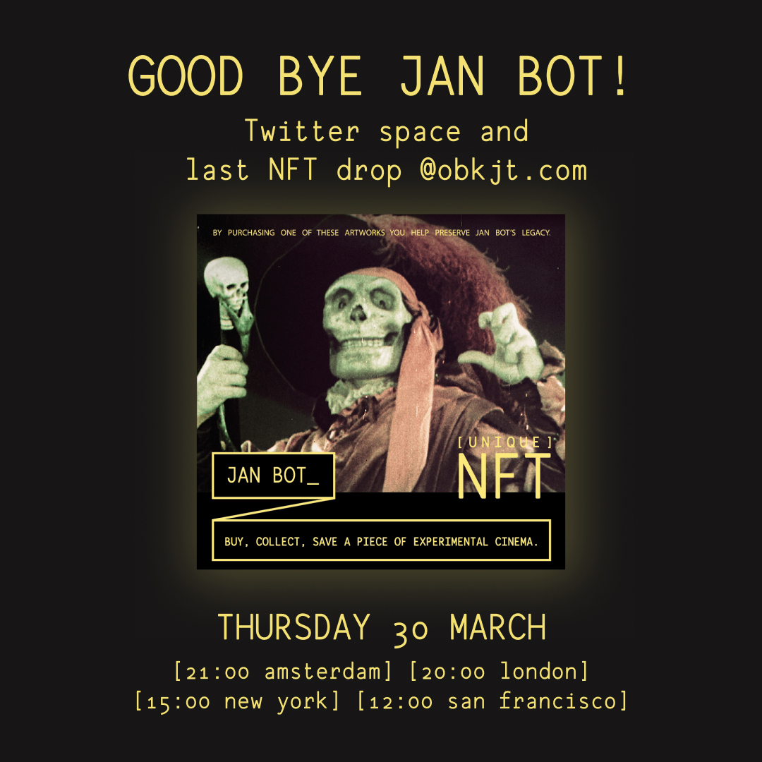 This Evening, 21:00 Amsterdam, <a href="/objktcom/">objkt</a>  talks with Jan Bot's creators <a href="/ThirdEyeXyz/">Pablo Núñez Palma</a> and B.Loogman, and curator <a href="/kikanicolela/">Kika Nicolela</a> .

It will be Jan Bot's last NFT drop before his funeral 🤖.

⏰ Set your reminder. Join us here 👇
x.com/i/spaces/1ZkKz…