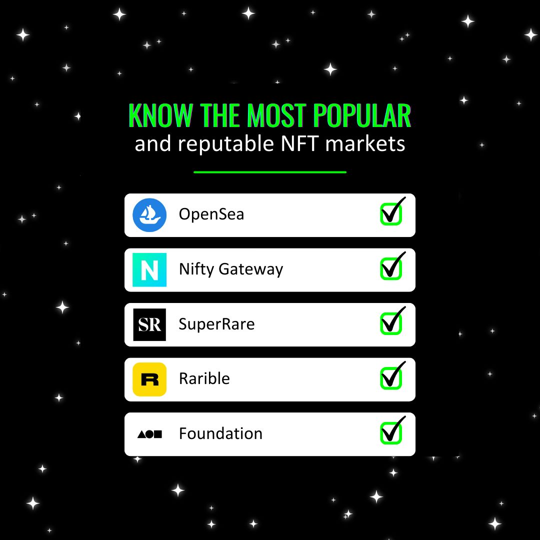 Know the most popular and reputable NFT markets
OpenSea: It is one of the largest NFT markets and offers a wide variety of NFTs, from digital art to collectibles and online games.
Nifty Gateway: It is an NFT market focused on digital art and offers NFTs from some of the world's