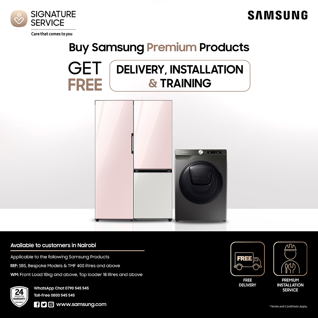 SamsungKE's tweet photo. Our care doesn't end at the checkout. With our #SignatureService you get to enjoy absolutely FREE delivery, installation and training on our selected premium products.
Terms & Conditions apply.
#SignatureService
#MoreWithSamsung https://t.co/XdHBa2UTj7