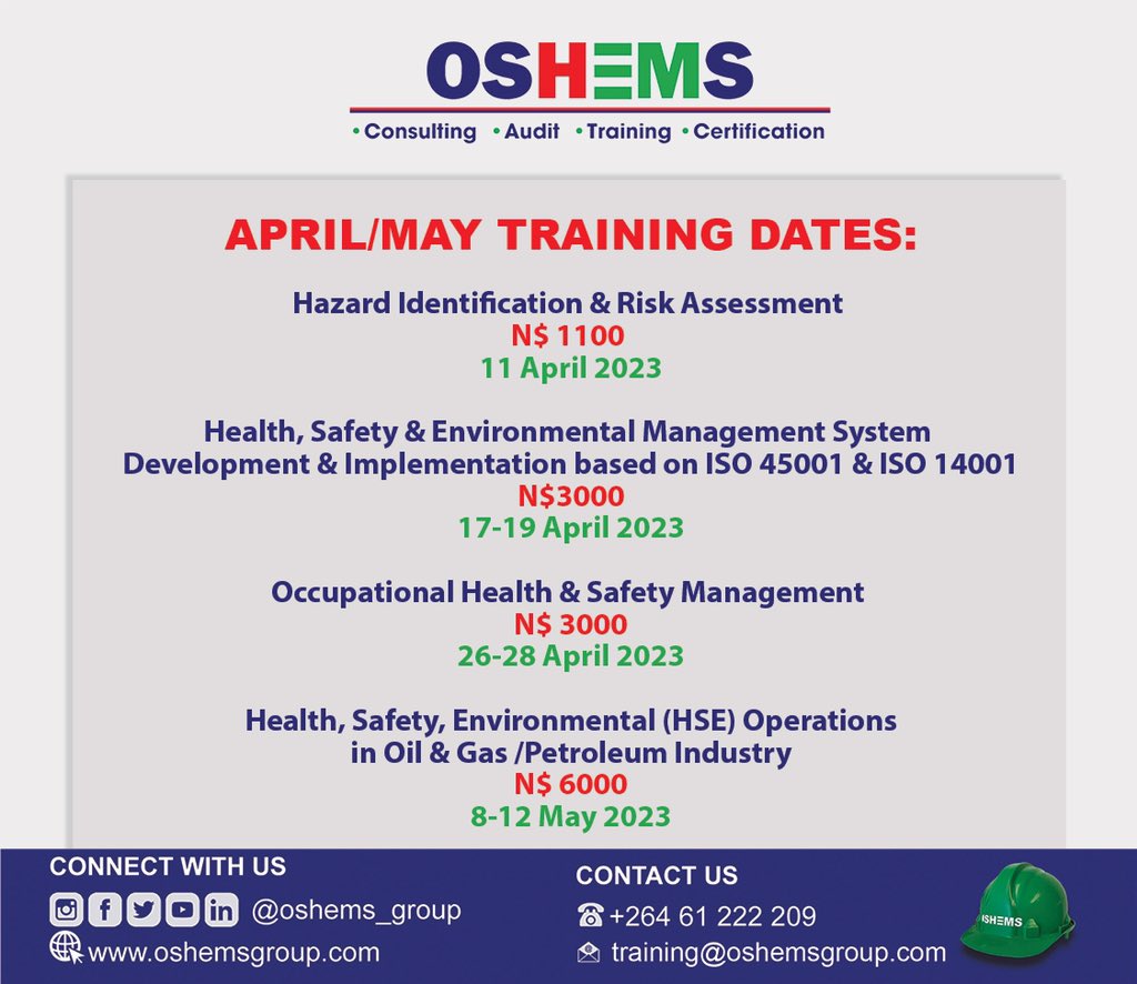Please take note of the training dates. 

Register today and secure your seat. 

For enquiries:
Call us on +264 61 222 209
Or 
Send an email to training@oshemsgroup.com 

#training #ohstraining #certification #secureyourseat #oshems #windhoek #namibia #hseconsultancy