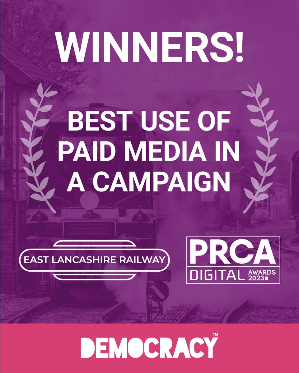 democracyagency's tweet image. GOLD! We scooped the top award at the PRCA Digital Awards last night for Best Use of Paid Media for East Lancashire Railway! 🚂 We also scooped HIGHLY COMMENDED Best Digital Marketing Campaign for Tequila Rose! 🍓