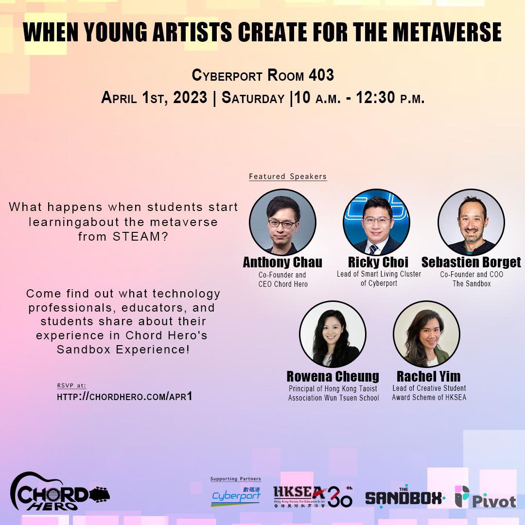 borgetsebastien's tweet photo. 🤩 Excited to meet young artists this Saturday in Hong Kong 🇭🇰 who created their first NFTs, launched in the Chord Hero Music Gallery @chordheromusic in @TheSandboxGame - open to the public, RSVP https://t.co/z25yGZn1wp

@ant_chau #TheSandbox #Metaverse #Education #Stem #Music https://t.co/RUE4L4H25G