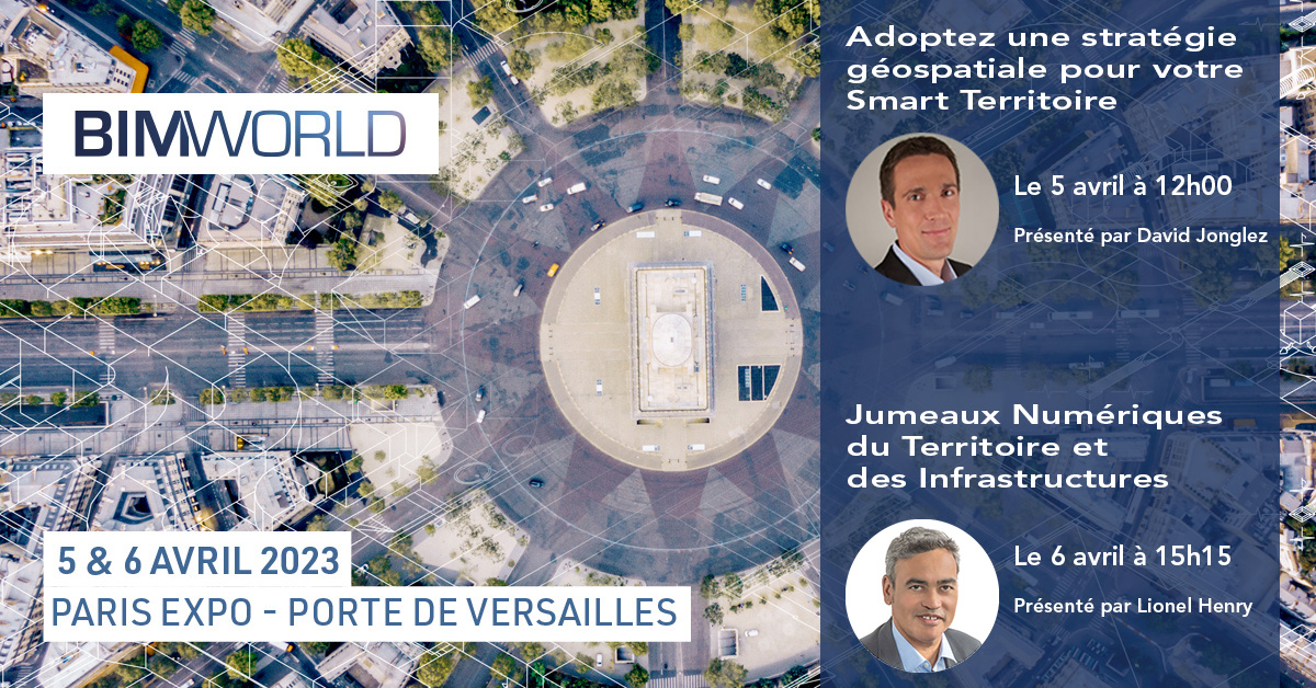 A l’occasion du <a href="/bim_world/">BIM WORLD</a>, nous animerons 2 ateliers:
✅ Adoptez une stratégie géospatiale pour votre Smart Territoire, le 05/04 à 12h00 par David Jonglez
✅ Jumeaux Numériques du Territoire et des Infrastructures, le 06/04 à 15h15 par Lionel Henry
👉esrifrance.fr
#BIM