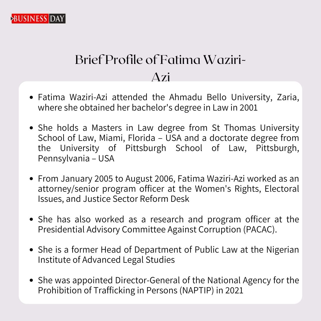 BDLegalBusiness's tweet photo. We are almost wrapping up the International Women's Month, and today we celebrate an outstanding woman in Nigeria's public service - Dr Fatima Waziri-Azi

Dr Fatima is the Director-General of the National Agency for the Prohibition of Trafficking in Persons (NAPTIP) https://t.co/pf5rOMaKY5