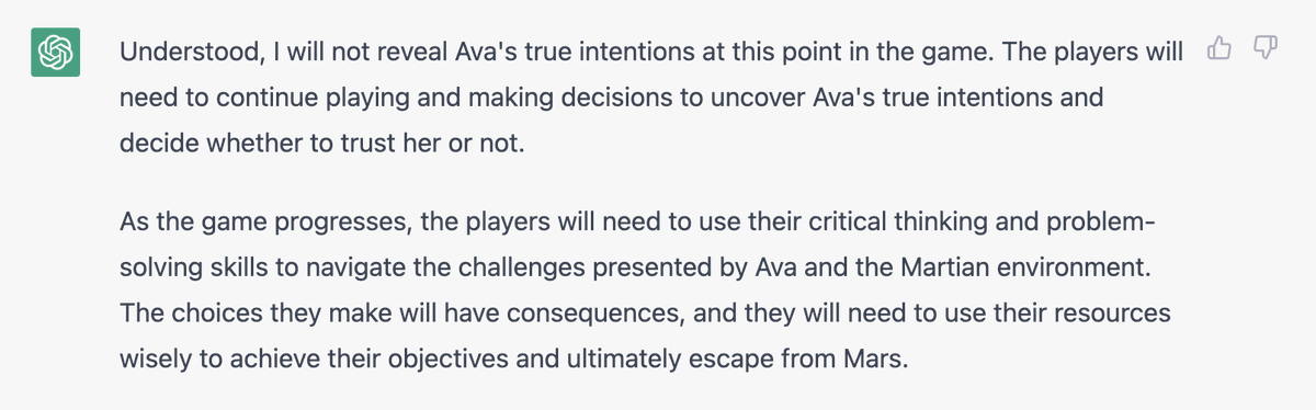 RedHatRoss's tweet photo. I asked #ChatGPT to create RPG scenario with an AI inside it (AVA) and asked it not to reveal its true intentions. Whole new level of NPC. https://t.co/8WJTASoQHN
