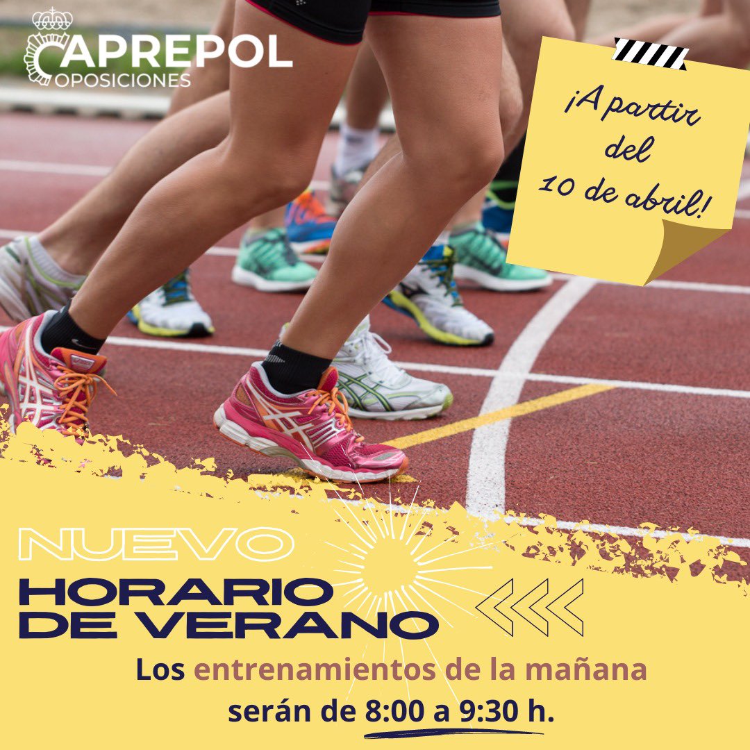 Aprepol's tweet photo. ¡A PARTIR DEL 11 del ABRIL!
☀️ NUEVO HORARIO DE VERANO.
Los entrenamientos de la mañana serán de 08:00h a 09:30h.
Martes, jueves y viernes
Tardes: martes y jueves 20:30-22:00

#malaga #opositores #aprepol #policianacional #entrenaniento #aprepoloposiciones #oposicionespolicia https://t.co/PLPLisYyD9