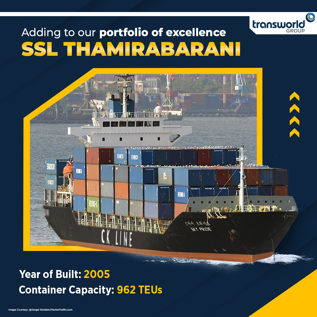 TransworldTweet's tweet photo. We just did a hat trick with back-to-back ship acquisitions!
#TransworldGroup added a third ship in a row, the MV Sky Pride now renamed SSL Thamirabarani with a container capacity of 962 TEUs.π³οΈ
#KnowOurShip #ShreyasShipping #ShipOwning #ContainerVessel #SSLThamirabarani #Ship https://t.co/NhhoV1BWtk