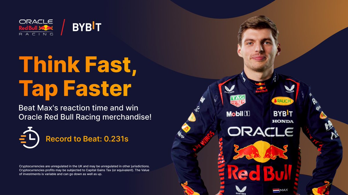 Bybit_Official's tweet photo. Got reflexes faster than a Formula One World Champion? 🏁

Stand a chance to win an autographed poster from Max Verstappen and a @redbullracing Mini Helmet, if you beat his reaction time! 

Find out more: https://t.co/8eiPN8D9h6

#Bybit #RaceToTheNextLevel https://t.co/xMR4kKrBRP