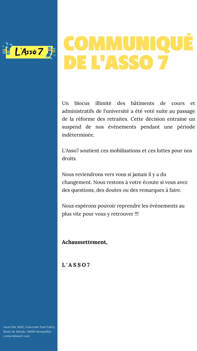 #Communiqué de l'Asso 7 suite aux différentes mobilisations sociales et aux conditions en lien avec les évènements des associations étudiantes !