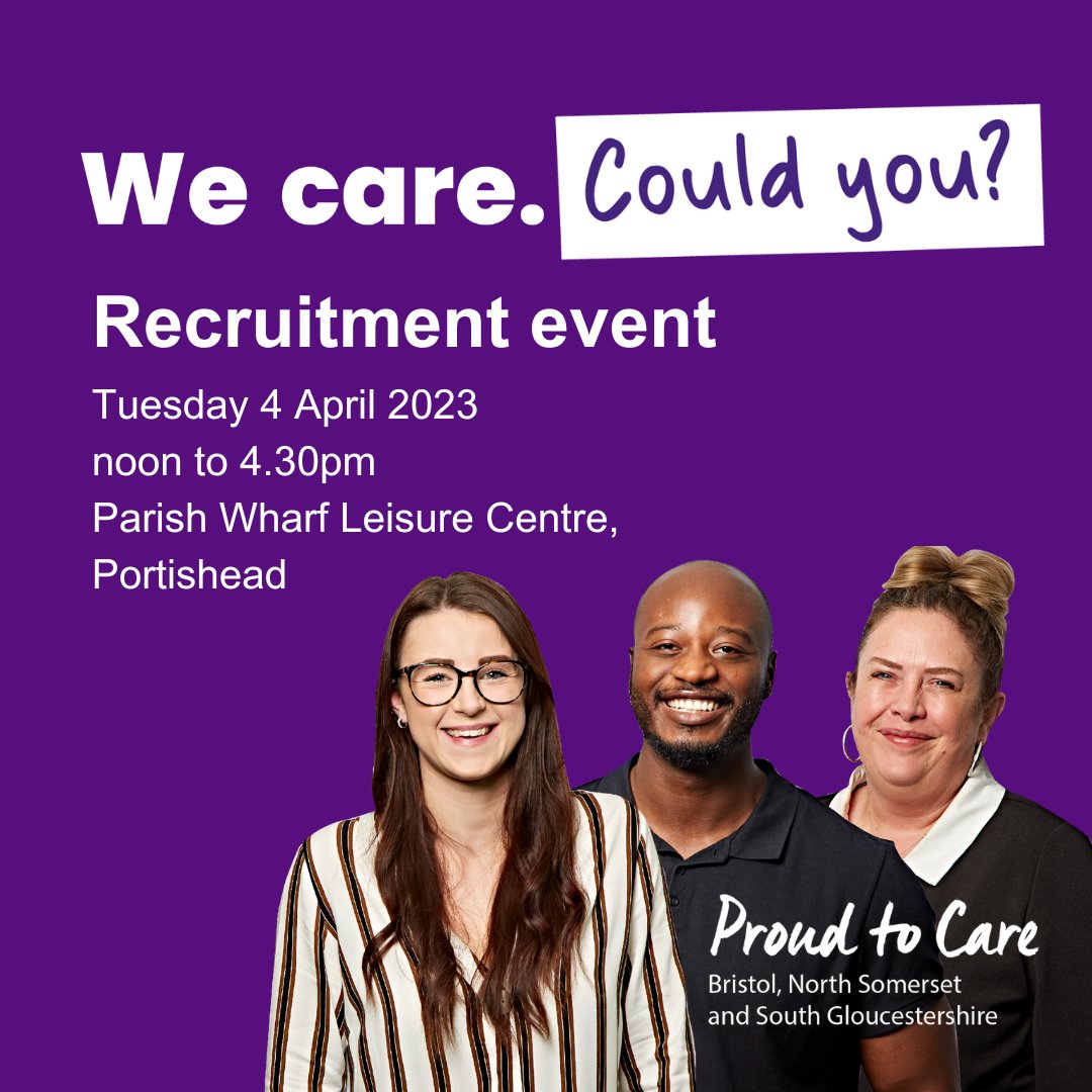 NorthSomersetC's tweet image. Looking for your first job? Care could be for you!

Come along to our #ProudToCare recruitment event at Parish Wharf Leisure Centre, Portishead - Tuesday (4 April), noon to 4.30pm and find out more!

If you've got any questions please email proudtocare@n-somerset.gov.uk.