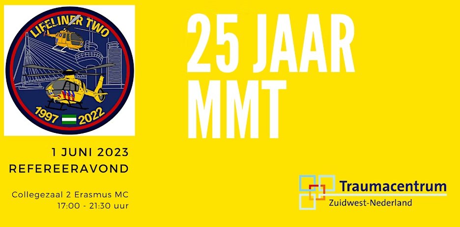 In 2022 bestond het MMT 25 jaar! In het kader daarvan organiseren we op 1 juni een refereeravond met een feestelijk tintje: bit.ly/40JFPcr. Inschrijven kan via Eventbrite. 
Doelgroep: ketenpartners regio ZWN, ambulancediensten ZWN, meldkamer ZWN
#25jaarMMT #MMT #LL2