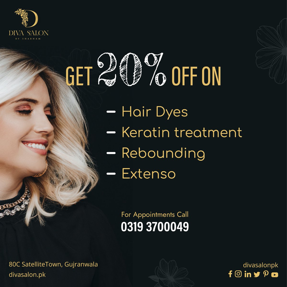 🚧⚠️Don’t Miss out. ⚠️🚧
Save 20% with this unbeatable offer!

#divasalonpk #beautyservices #satellitetown #gujranwala
.
.
.

#hairdye #haircare #kertintreatment #rebounding #extenso #appointment #beautyshop #beautyinnature #beautystudio #beautycreations  #beautyday #salons