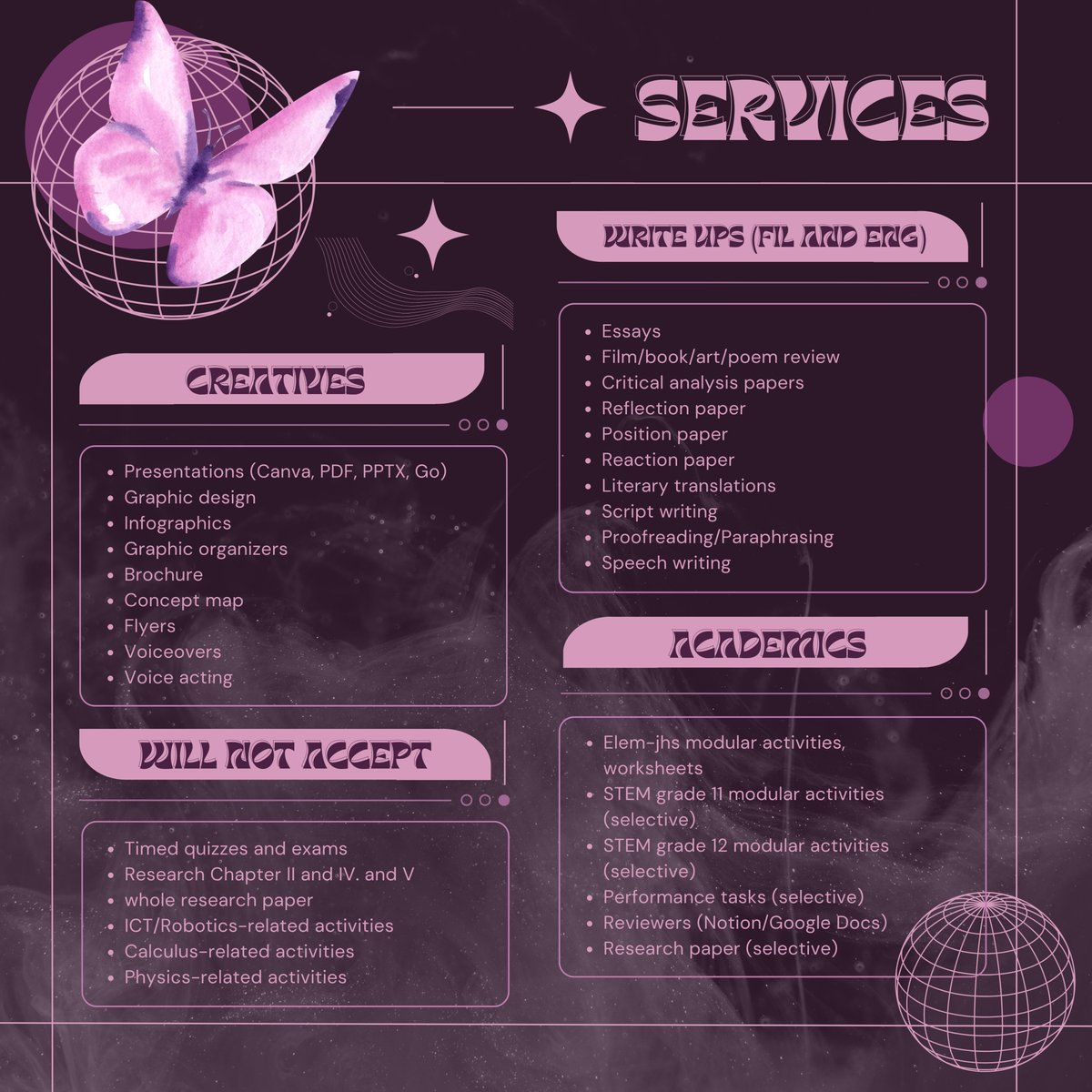 leviedotcomms's tweet photo. hi #commstwt ! i'm levie, currently a grade 12 stem student and i do essays, write ups, and creatives. i'm now accepting rush and non-rush commissions <33

DM me for more inquiries! https://t.co/LvMp7pN66O