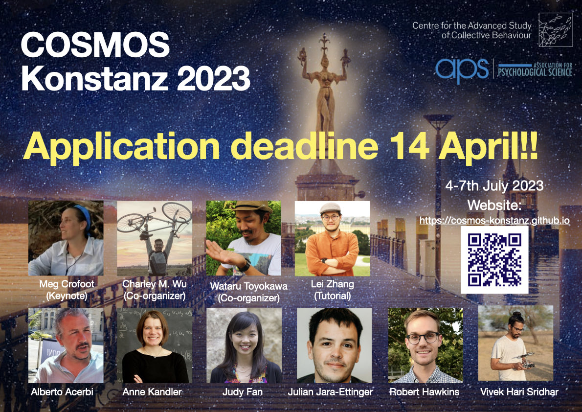 🚨Call for applications!🚨 The Computational Summer school on Modeling Social and collective behavior (COSMOS), taking place in Konstanz, between 4 - 7 July organised by @TheCharleyWu and me. Amazing speaker lineup with Keynote by @MegCrofoot! Visit 👉 cosmos-konstanz.github.io