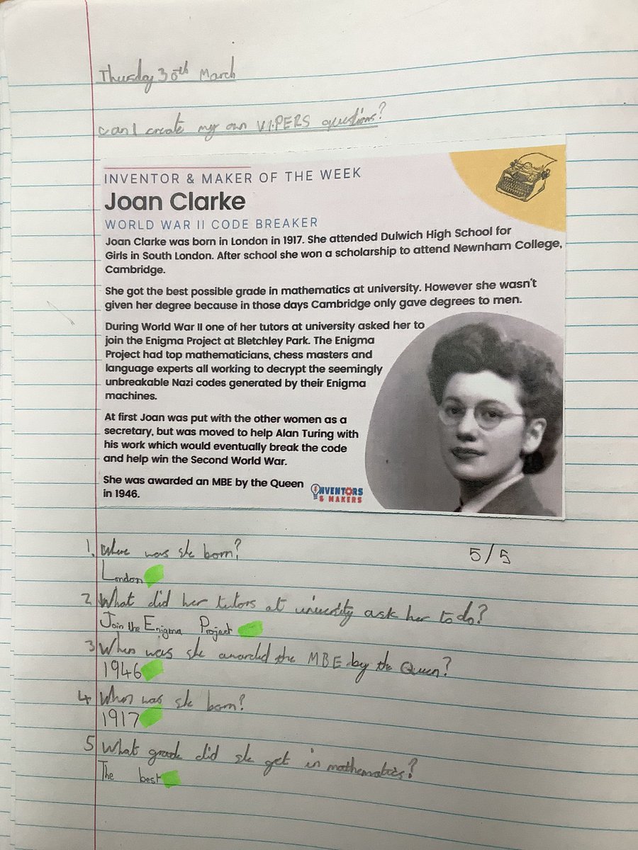 NPSMiss_Jenkins's tweet photo. Each week, in VIPERS, we create our own questions based on the weekly inventor for our partners to answer! Joan Clarke fits perfectly into #STEMWeek! #NPSReading https://t.co/qn4cIfejxj