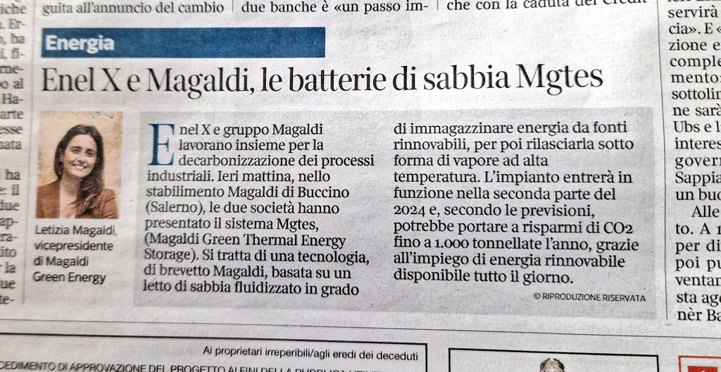 GPManzella's tweet photo. Dal Mezzogiorno progetti industriali per la transizione verde. Basate su un brevetto mondiale, le batterie "di sabbia" della salernitana #Magaldi permettono di immagazzinare energia da fonti rinnovabili e produrre vapore 'verde'. Ieri accordo con @EnelXItalia #ImpresaSud https://t.co/lHVBz6cluU