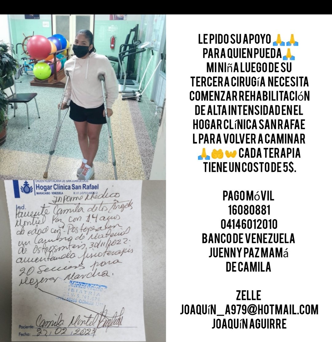 Mi hija es de Maracaibo ella se encuentra en proceso de rehabilitación en el Hogar Clínica San Rafael de Maracaibo luego de su tercera cirugía...quién pueda apoyarla a continuar con su proceso le agradecería infinitamente. Ella es sobreviviente de cancer de fémur.