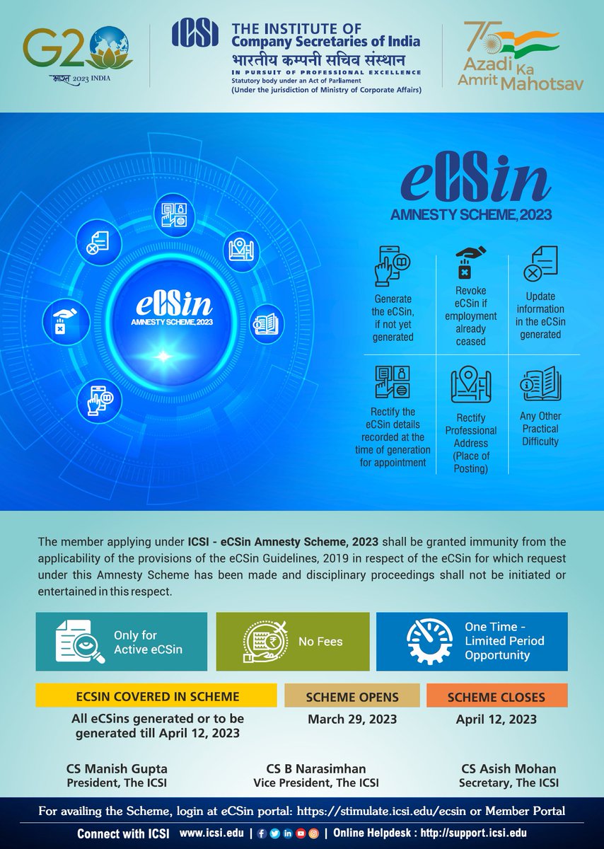 FCSJigarShah's tweet photo. ICSI has introduced #eCSin amnesty scheme. 

Every CS with membership number who is in employment need to obtain eCSin from https://t.co/D1oPBLQ7W6 

#CSTwitter https://t.co/92egDXZIW8