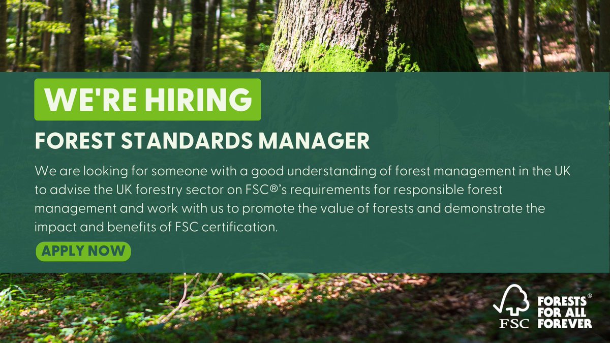 FSCUK's tweet photo. We're #hiring a Forest Standards Manager 🌳
We're looking for someone with a good understanding of forest management in the UK to advise the UK #forestry sector on FSC’s requirements for responsible #forestmanagement. Deadline: 27 April
More info 👇
https://t.co/1adQ2IggYt https://t.co/jPSOnMjEIo