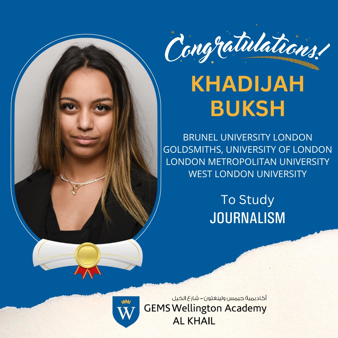 gems_khail's tweet photo. Way to go Khadijah for receiving offers from four different universities to study journalism. We wish you all the very best on your post secondary journey.

#universityoffer #weksixthform #weksuccess #limitlesspossibilities #ouracademy @GEMS_ME https://t.co/ocTvaGqxss