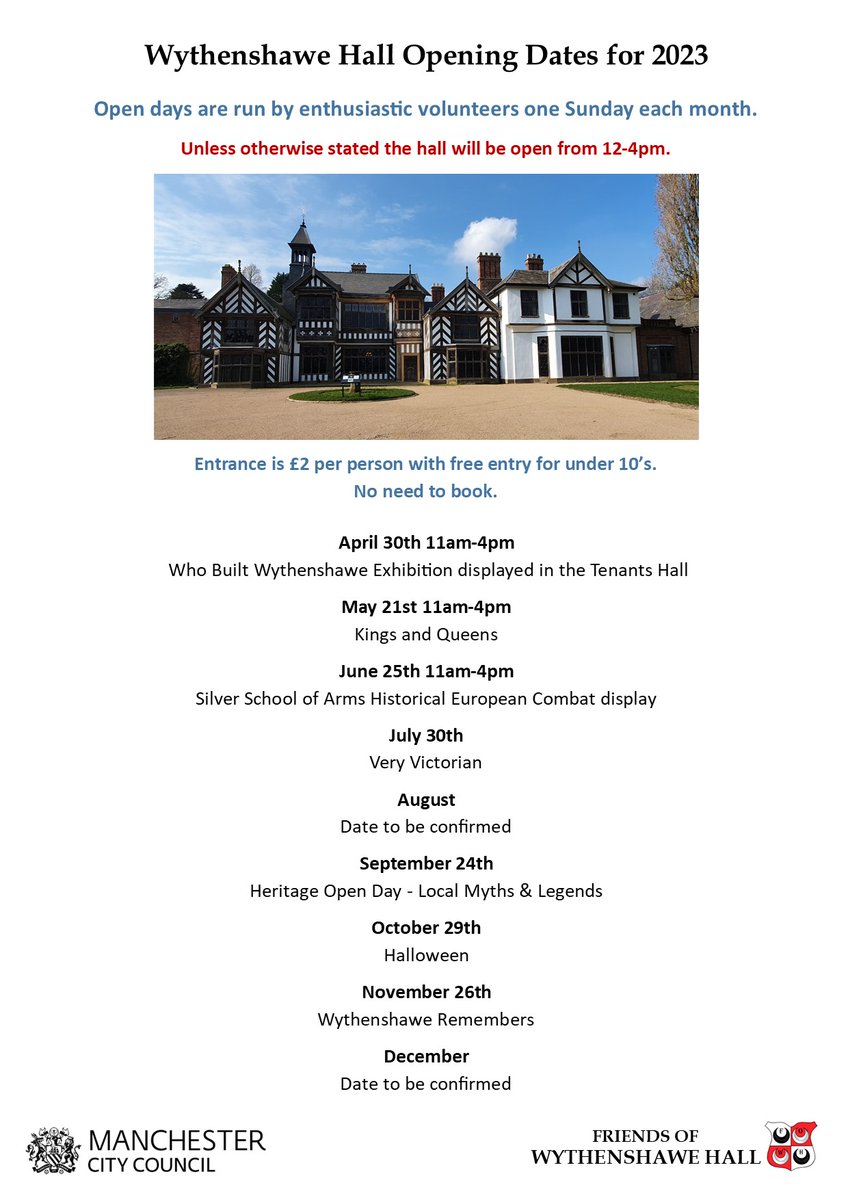 WythenshaweHall's tweet photo. We are pleased to share the opening dates for this year. Posters will be shared with info for each specific event.
Please see our Facebook page for further information and answers to frequently asked questions. 
https://t.co/TJQ6DNFiQ2 https://t.co/ka2fpB7BrM
