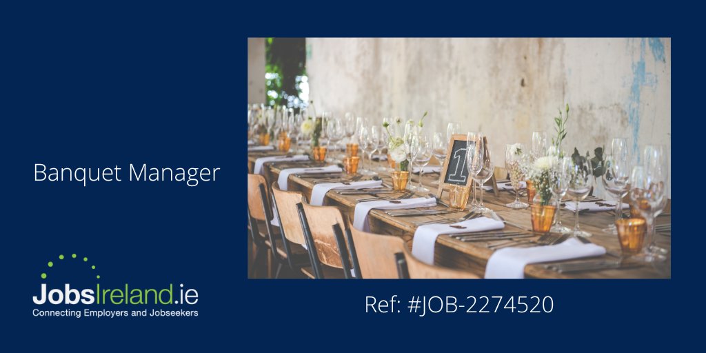 jobsireland's tweet photo. Banquet Manager Ref: #JOB-2274722
Location: #Ballinasloe #Galway Please find information at: https://t.co/ujqNHiV9yB #HotelJobs #Hospitality #HospitalityJobs #HotelRecruitment #BanquetManager #ConferenceManager #EventMananger #Events #weddings #WorkWithIntreo @welfare_ie https://t.co/4IYoeMccvQ