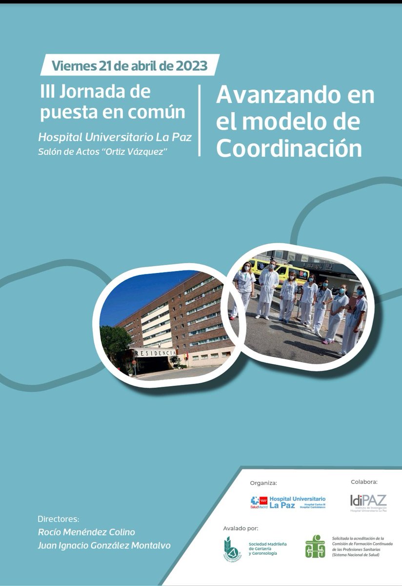Wally_Gator_MD's tweet photo. Jornada de Puesta en Común en Geriatría de Enlace.

21 de abril - Hospital La Paz

Foro para compartir y mejorar la atención sanitaria a las personas mayores institucionalizadas. 

Mesas de médicos, enfermeras y farmacéuticos de hospitales, atención primaria (UAR) y residencias. https://t.co/hcsfAD8DYt