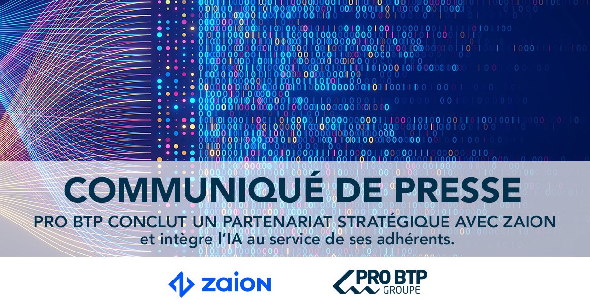 PROBTP_Groupe's tweet photo. #Communiquedepresse : A travers son #partenariat stratĂ©gique et industriel avec @Zaion_IA , #PROBTP intĂšgre lâIntelligence Artificielle #IA au service de ses adhĂ©rents ! LâintĂ©gralitĂ© du communiquĂ© de presse par ici đđ» https://t.co/jwd6dwpiqz https://t.co/7a0lFJmkbK