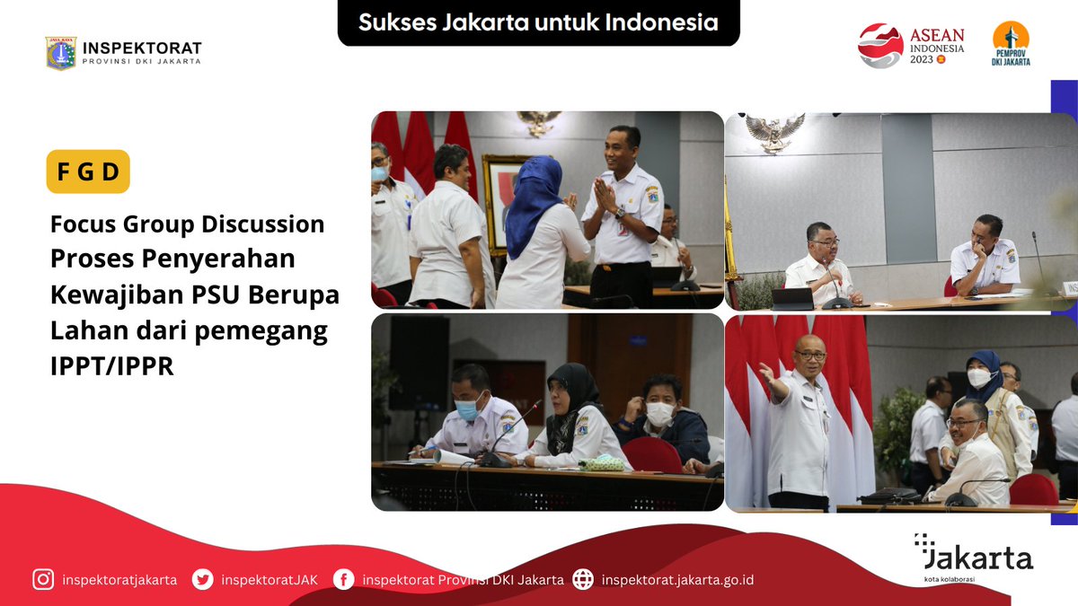 InspektoratJAK's tweet image. Focus Group Discussion Proses Penyerahan Kewajiban PSU Berupa Lahan dari pemegang IPPT/IPPR. Semoga dengan adanya FGD ini dapat selalu menjadikan inspektorat lebih baik.
.
Sukses Jakarta Untuk Indonesia
.
#inspektorathebat #pastibisa #jakartakolaborasi #UntungAdaInspektorat