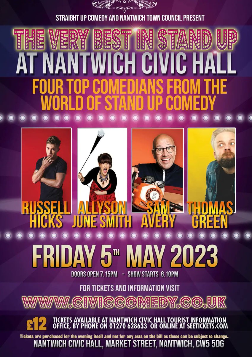CivicComedy's tweet photo. We're back on May 5th with this amazing line up... @russellhickss @allysonjsmith @sam__avery all coming back to the club with @iamthomasgreen making his debut with us. Tickets on sale now and selling well so get yours now - https://t.co/GROGr9VSs0 https://t.co/aHjKmmu5MF
