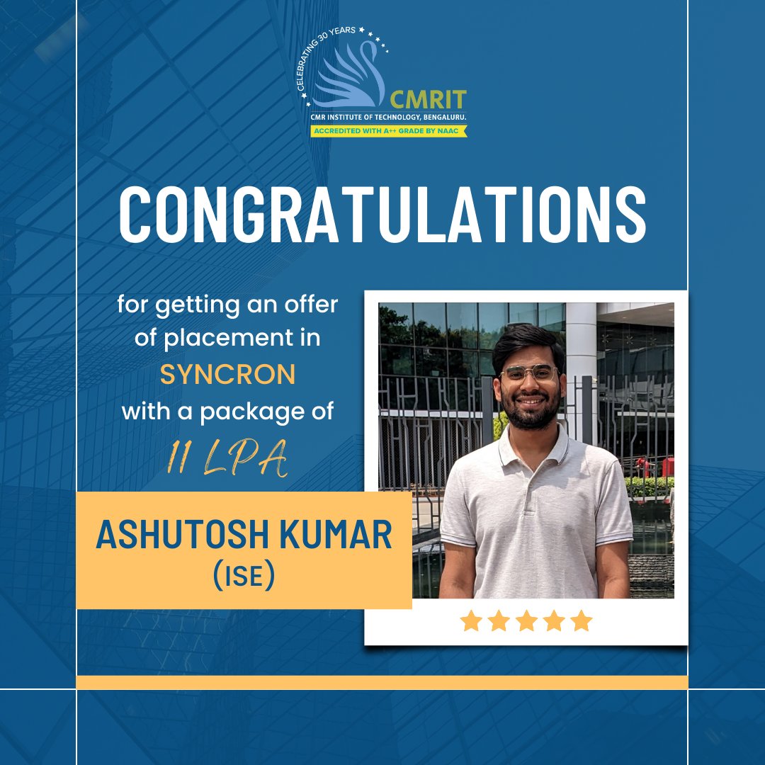 CMRIT_Bengaluru's tweet photo. Hearty Congratulations to Ashutosh Kumar (ISE) for getting an offer of placement in SYNCRON with a package of 11 LPA!

You have made all CMRITians proud of you!!! Keep it up!

#cmritbengaluru #cmrit #syncron #CampusPlacement #placement #joboffer #jobs #offers #hiring #hiring2023 https://t.co/1RWO712LGw