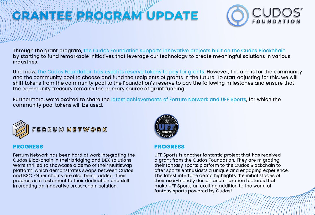 @CudosFoundation Grantee Program Update 👀🚀

📰: cudos.org/blog/cudos-fou…

$CUDOS <a href="/CUDOS_/">CUDOS</a> <a href="/UFFSports/">UffSports</a> <a href="/FerrumNetwork/">FerrumNetwork $FRM</a>