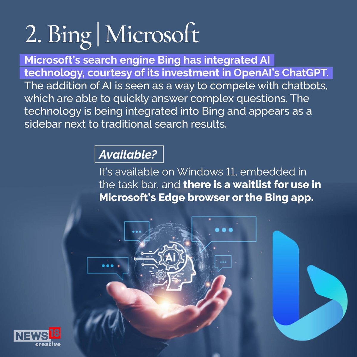 CNBCTV18News's tweet photo. Conversational Champions: Exploring the world of AI chatbots. 

#AI #artificialintelligence #AIChatBot #chatgpt #Bing #BlenderBot 
#GoogleBard #Anthropic #snapchatmyai #replika #Chatsonic 

Read more at https://t.co/SM6GddqbWG https://t.co/8lZfK6GiUX